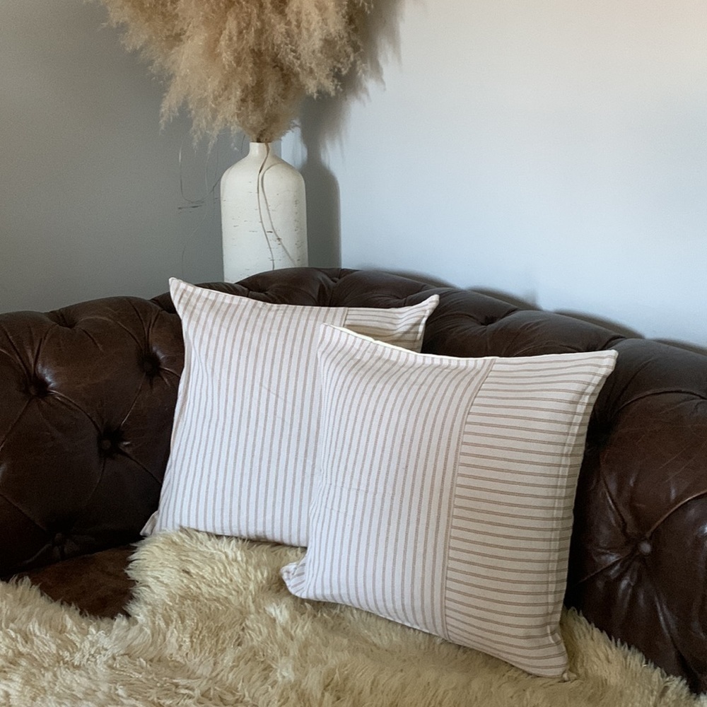 Set of two pillow covers tan cream neutral traditional boho reversible striped